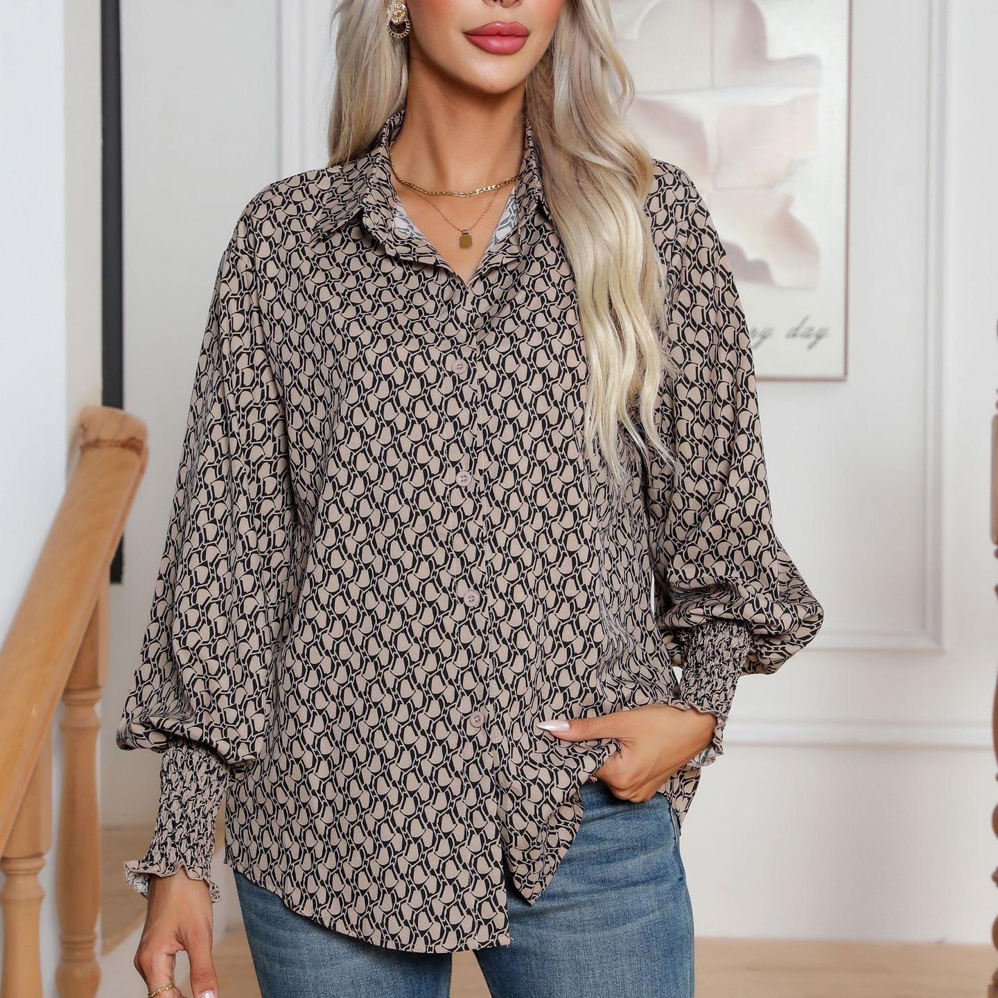 

Блузка с рукавами-фонариками с геометрическим принтом, женские свободные рубашки с длинными рукавами и воротником с лацканами XXL хаки