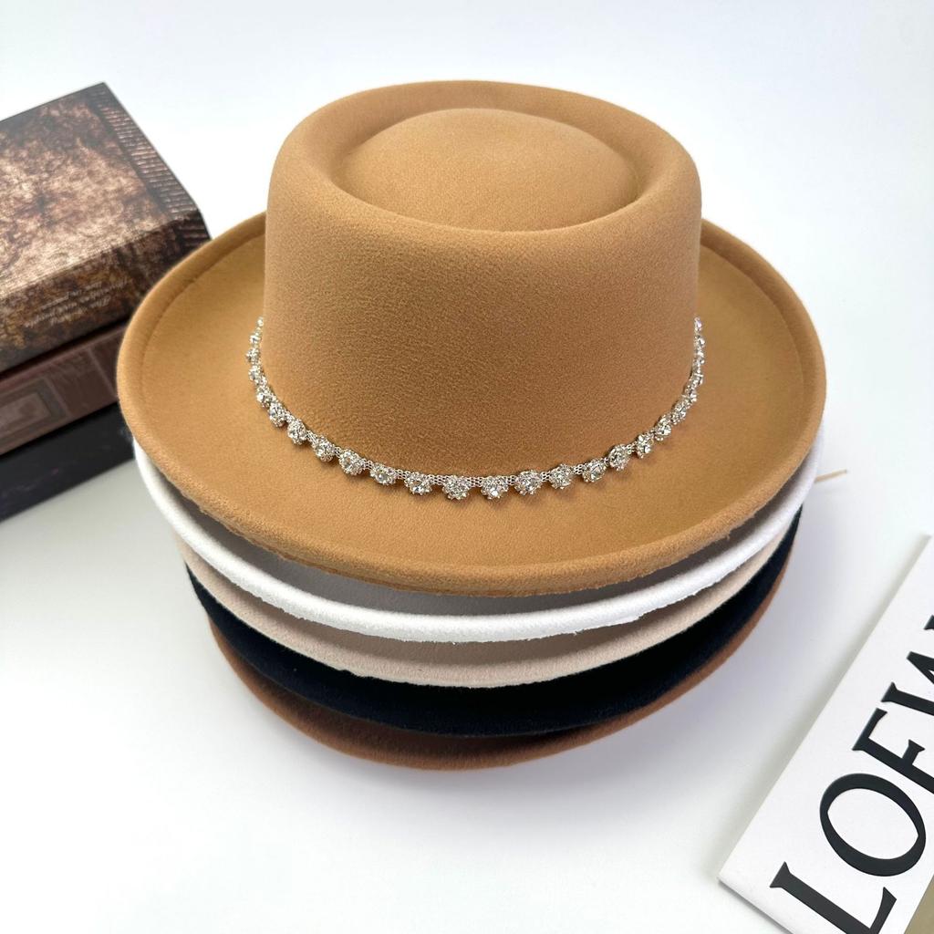 New Four Seasons Top Hat Diamond Felt Hat Curled Flat Top Fashion Versatile Sunscreen Women'S Hat