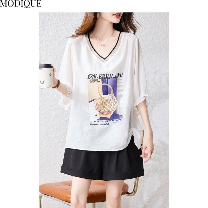 MODIQUE Spring Summer Plus Size New Women Loose Fashion Print Blouse Shirts Female Casual Oversize Short Sleeve V-Neck Top Basic White