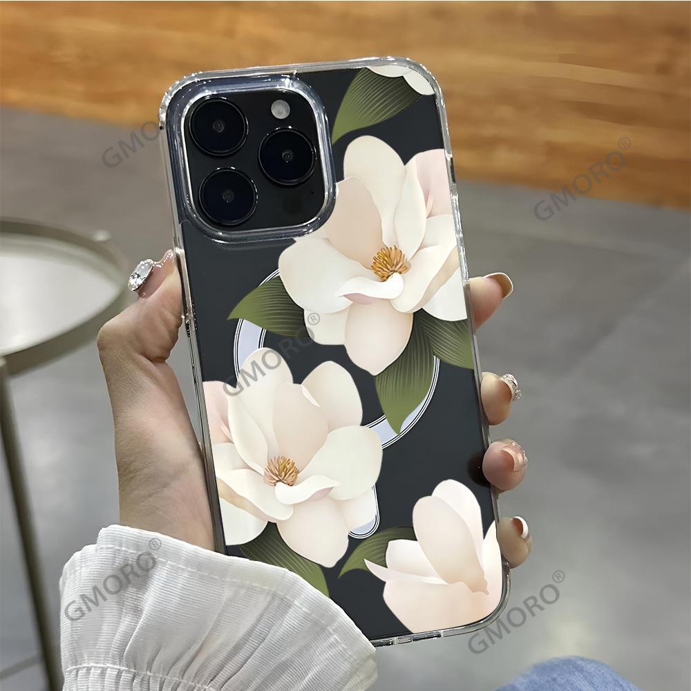 Amazon hot-selling white flower mobile phone case Apple 17pm transparent magnetic case iPhone12 hard case protective case