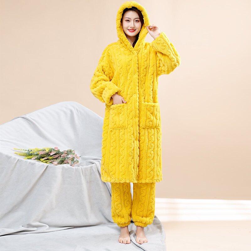 Dámský žakárový pyžamový set a dlouhý župan na zimu 2024 - Všestranné sametové oblečení na doma/ven