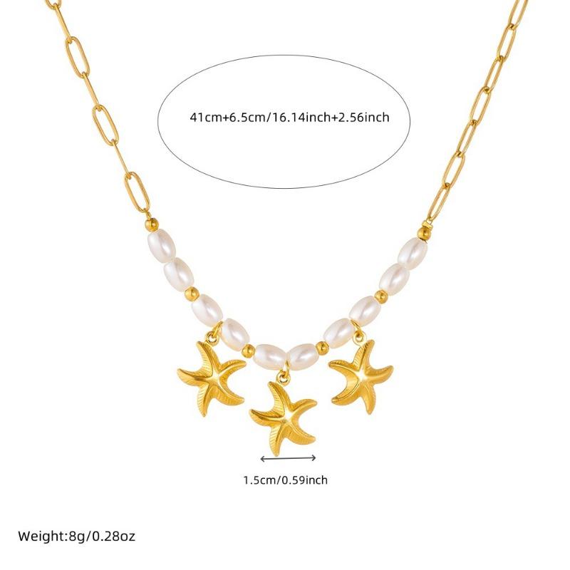 Gold Starfish Pearl Necklace Paperclip Link Chain Choker for Women Beach Theme Jewelry
