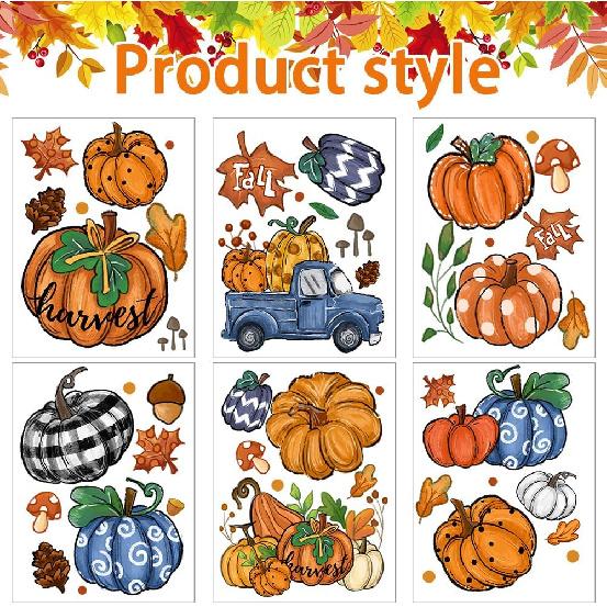 DIYDEC 6 Sheets Fall Window Clings Double-Sided Window Stickers with Orange Maple Leaves Pumpk Blue Truck Thanksgiving Window Decals for Autumn Home