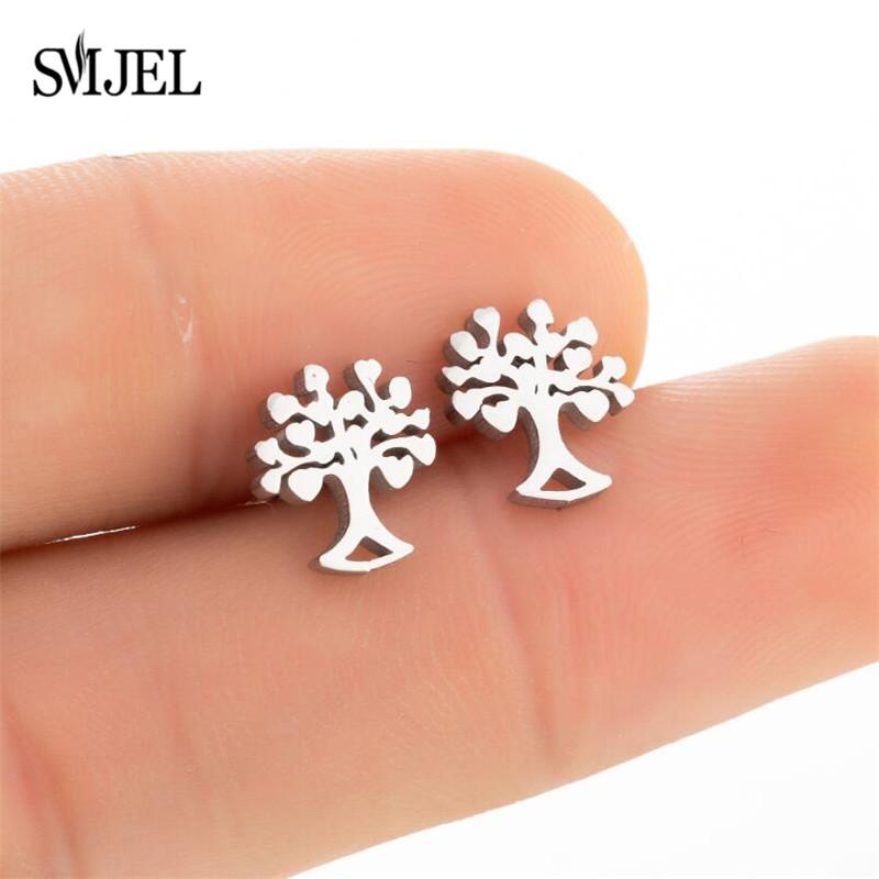 Fashion Round Tree of Life Stud Earrings Women Bohemian Tree Plant Jewelry Stainless Steel Earrings Ear Accessories Bijoux