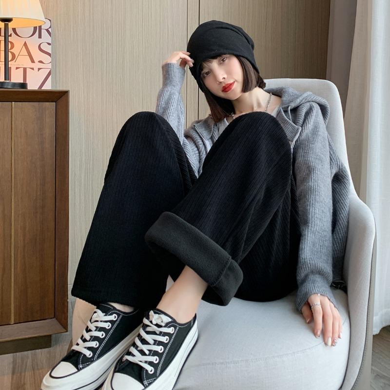 Chenier Wide-leg Pants Women's Autumn and Winter Fleece Thickened High-waisted Loose Straight Pants Casual Floor-mopping Trousers