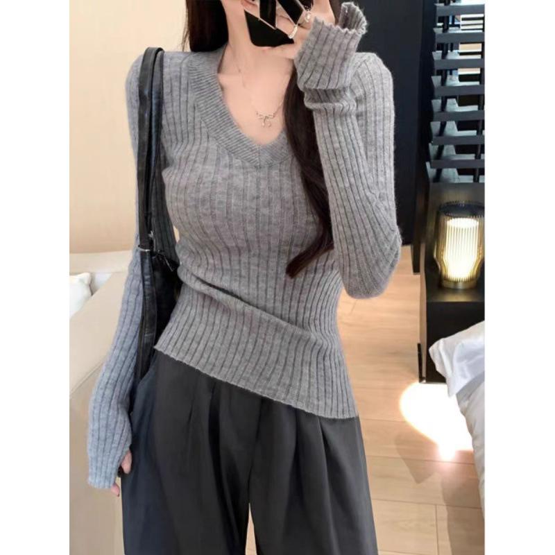 Gray Knitted Sweater Long-sleeved Women's New Spring and Autumn Inner Lining Long-sleeved Thin Top