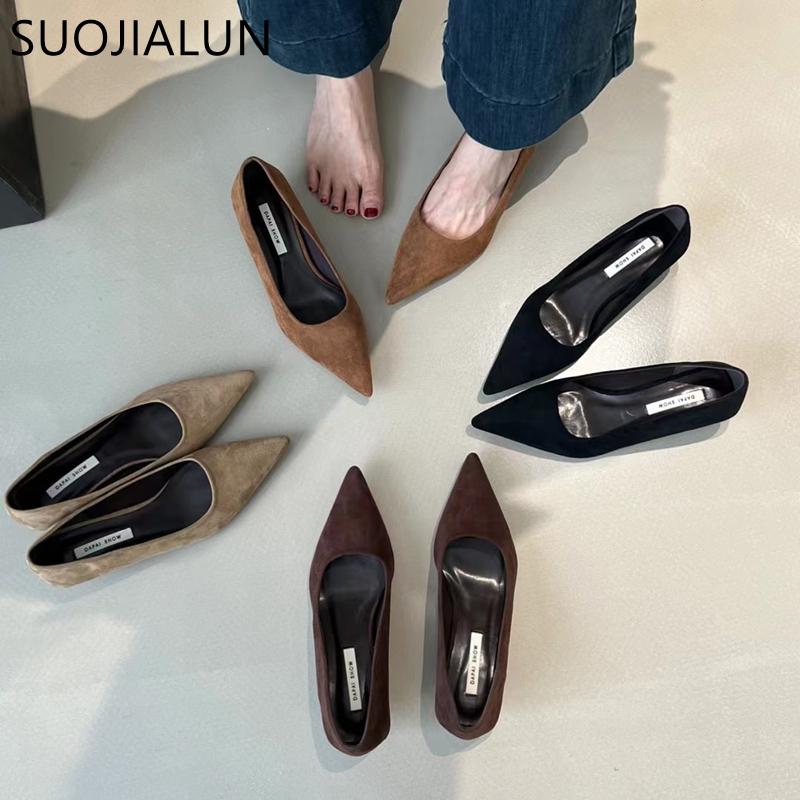 Fashion SUOJIALUN 2024 Autumn Women Pumps Shoes Fashion Pointed Toe Shallow Slip On Ladies Elegant Dress Pumps Thin Low Boat Shoes