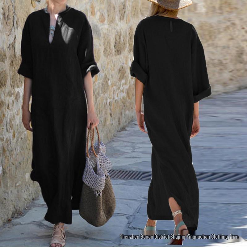 European & American Style Women's Loose V-Neck Plus Size Mid-Sleeve Split Maxi Dress