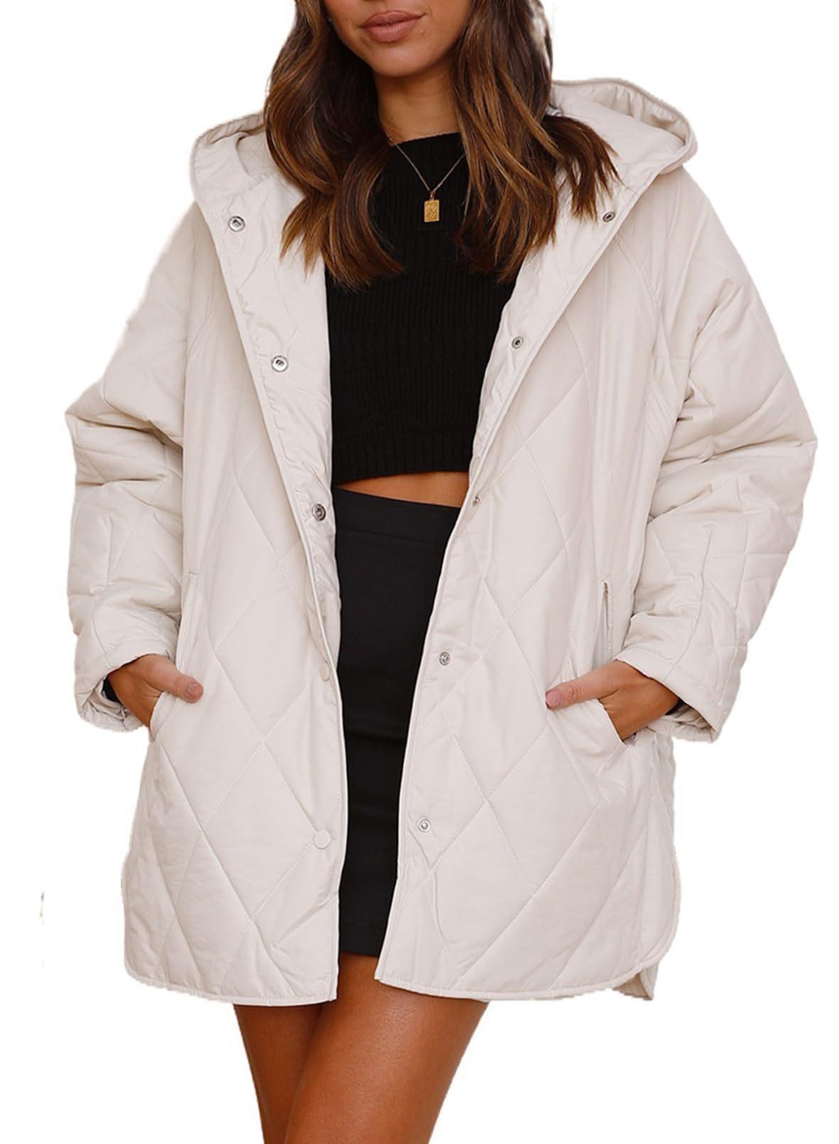 

Women Diamond Quilted Hooded Jacket, Winter Lightweight Casual Outerwear Coat XXL білий