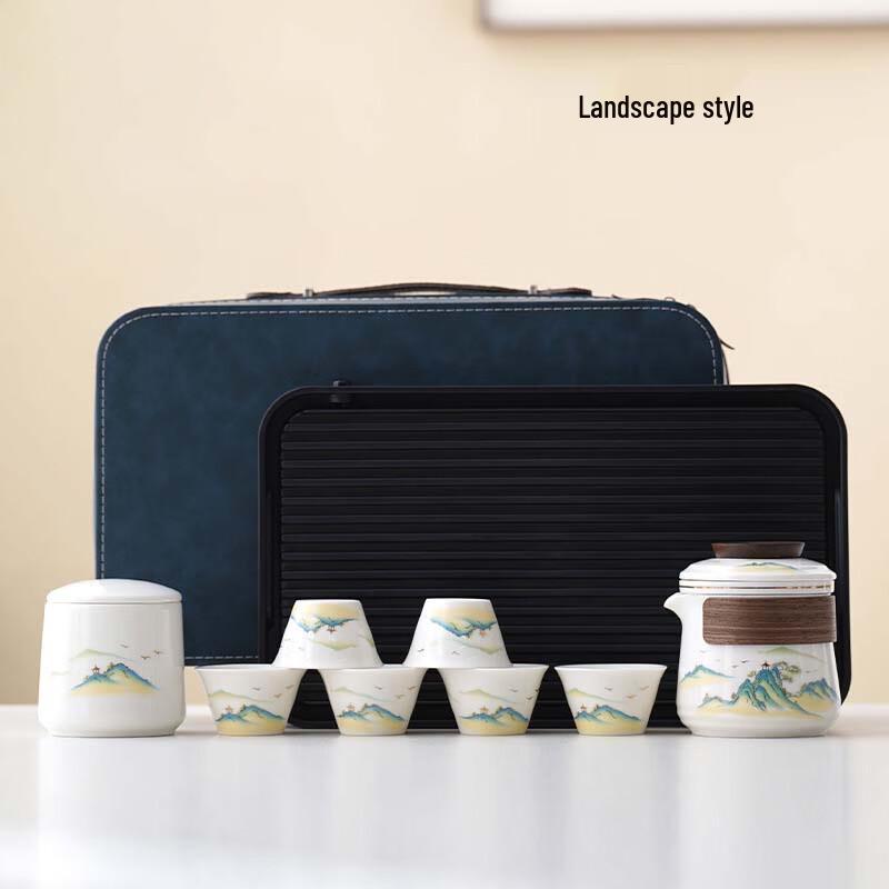 Chinese Tea Set Gift with Leather Case One Pot, Six Cups, Tea Caddy, Tea Tray
