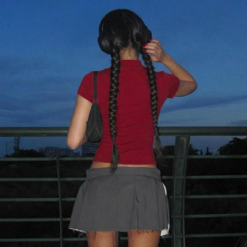 American Fashion Stand Collar Button Hollow Out T-shirt for Women 2026 Sexy Short Sleeve Slim Cropped T Shirts Black Wine Red Tops