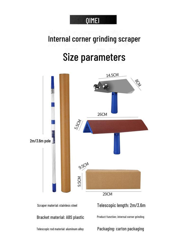 Adjustable Retractable Putty Scraper with Long Rod and Inner Corner Sandpaper for Right Angle Wall Grinding.