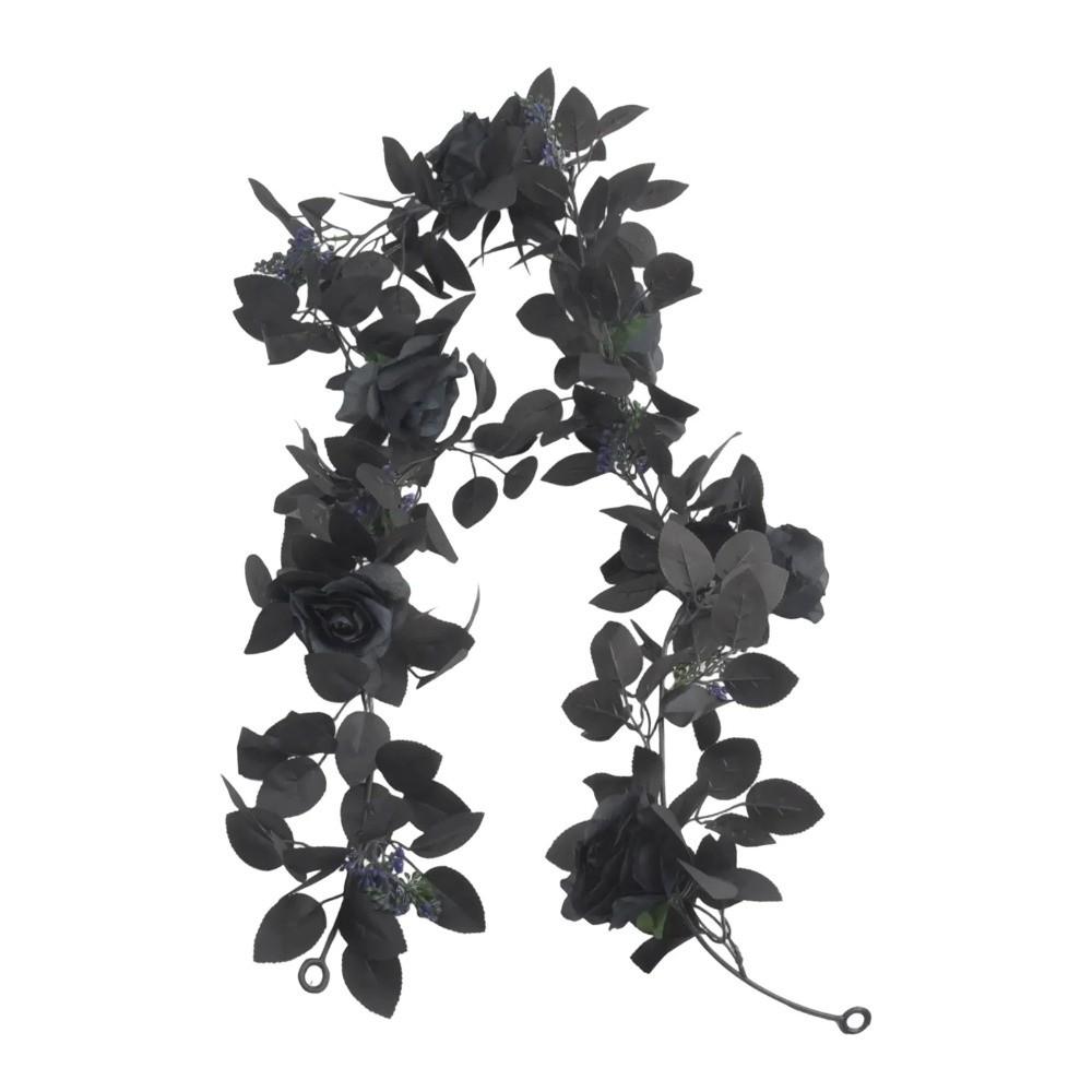 Black Artificial Rose Vines 175cm Halloween Garland Halloween Rose Leaf Vines  Table Centerpiece