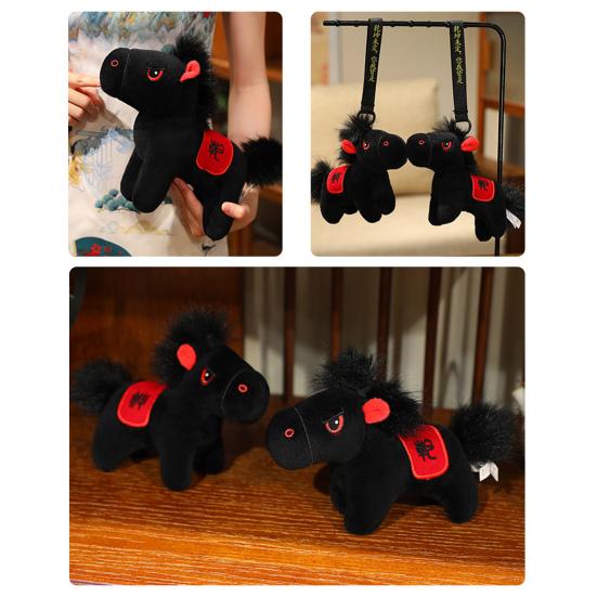 Black Horse Plush Toy Zodiac Year of The Horse Mascot Lucky Ornament Soft Stuffed Animal Doll Home Decor Car Decoration