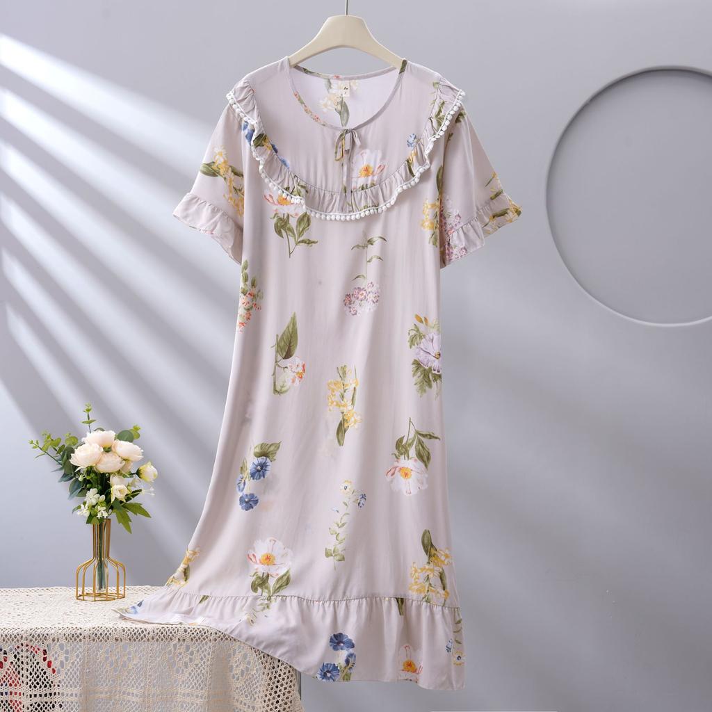 1011 new spot women's spring, summer and autumn cotton silk loose thin large version nightdress simple and comfortable loungewear