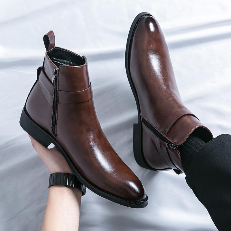 Stivaletti alla caviglia da uomo nuovi di alta qualità con cerniera laterale marroni neri classici business casual moda festa personalità fibbia scarpa da uomo