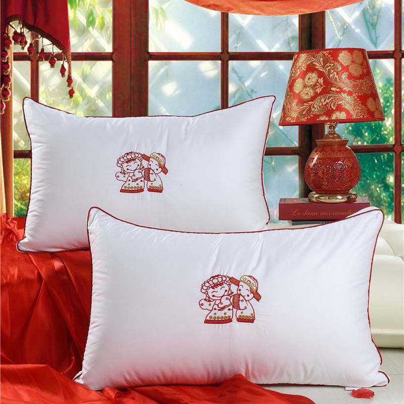 Cotton Wedding Pillow With Red Double Happiness Embroidery Down Alternative Fill Queen Size Bedding Accessory