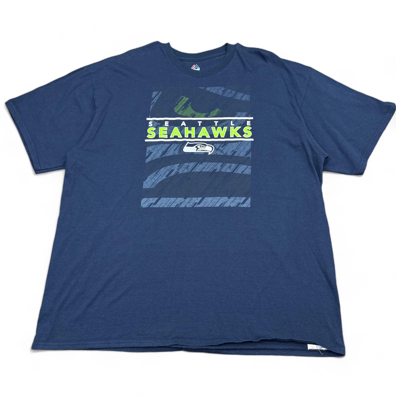 Majestic Seattle Seahawks T Shirt Adult Size 2XL XXL Blue Double Sided Retro NFL 3XL