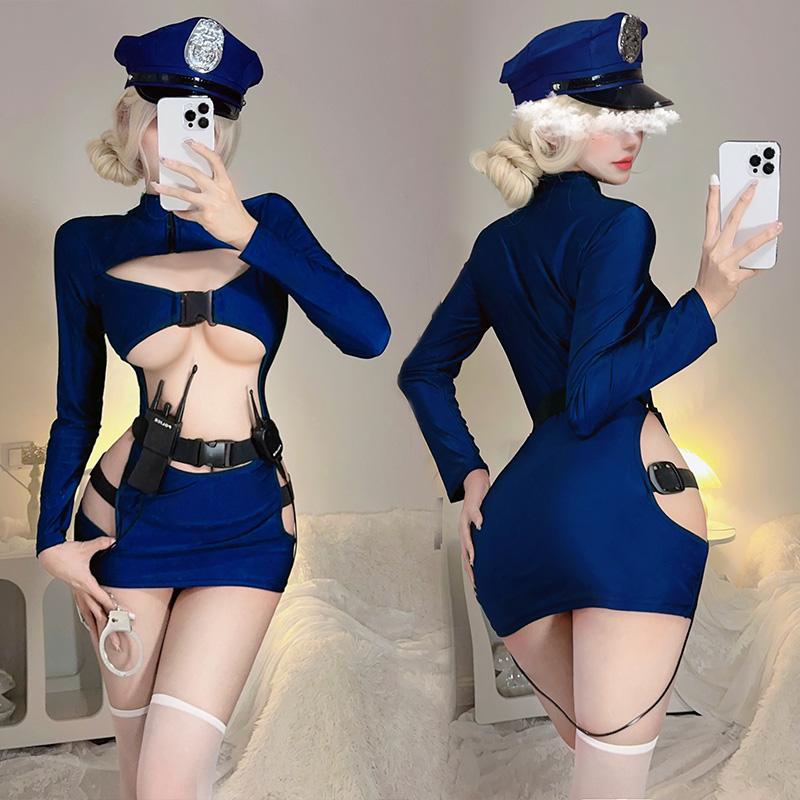Sexy Exotic Costumes Sexy Lingerie Nightclub Women Police Uniform Double Zipper Free Open Crotch Cospaly Outfit Sexy Skirt Dress