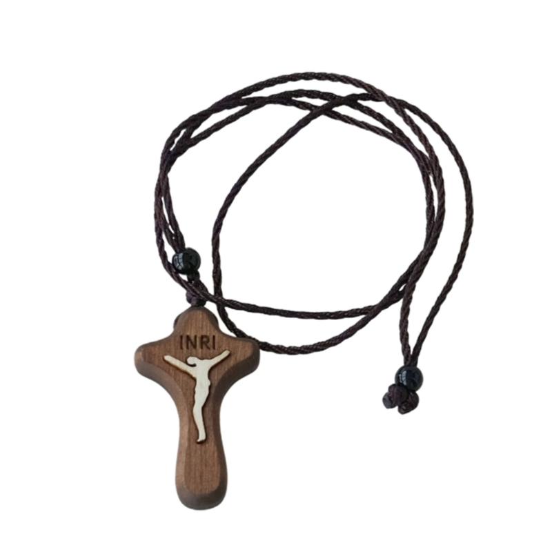 Retro Jesus Cross Necklace Wood Metal Pendant Orthodox Praying Chain Jewelry Catholic Religious Christian Crucifix Gift for Men