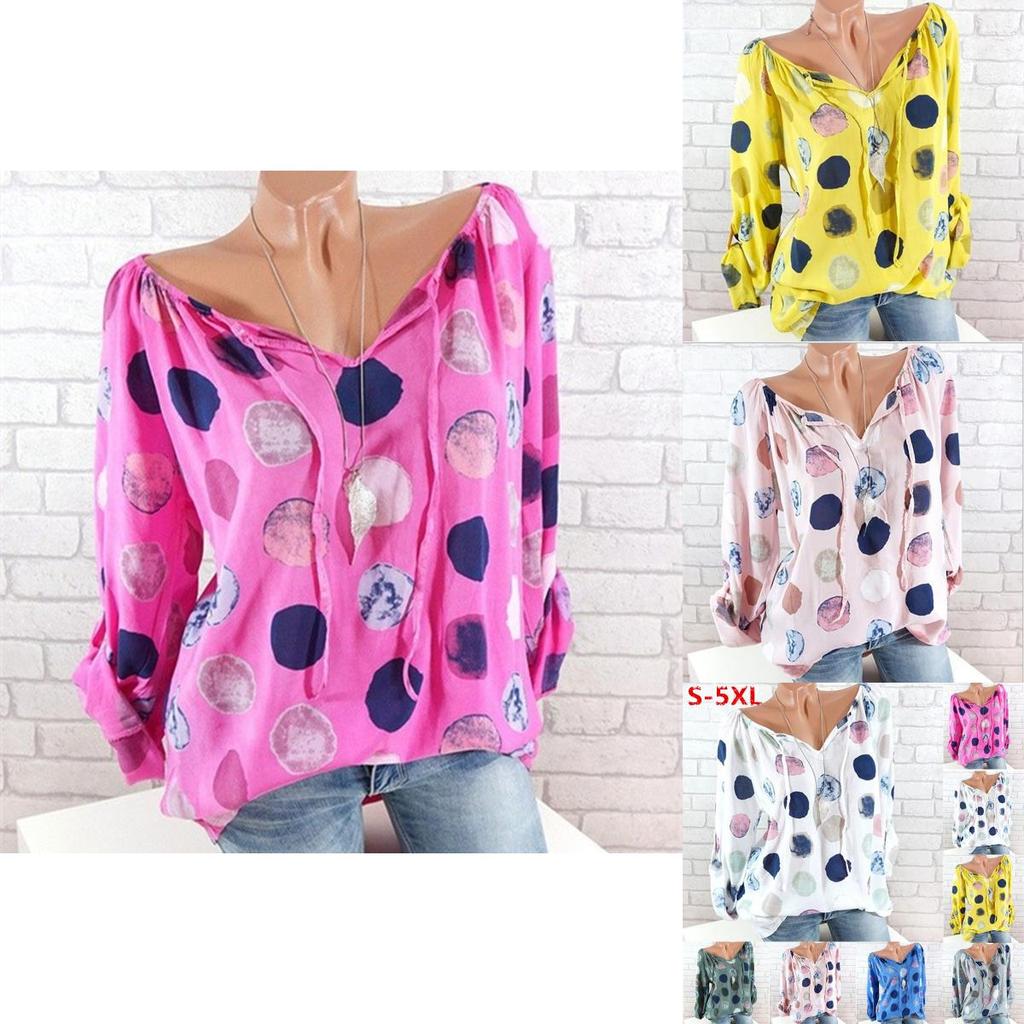 Elegant Women Summer Fashion Long Sleeve Blouse V-neck Stylish Dot Printed Shirts Tops