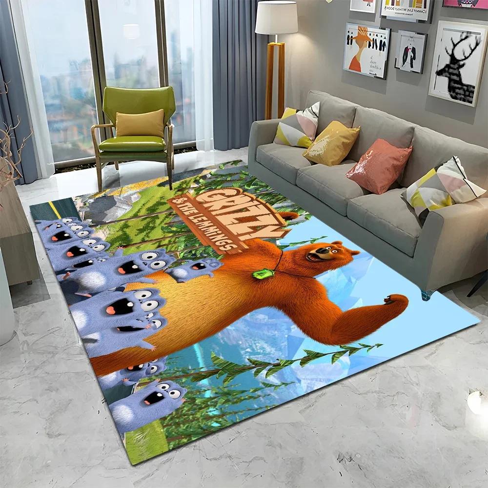 3D Kreslený koberec Grizzy a lemingové pro domov, obývací pokoj, ložnici, pod pohovku, rohožka, dekorace, dětský koberec, protiskluzová podložka na podlahu