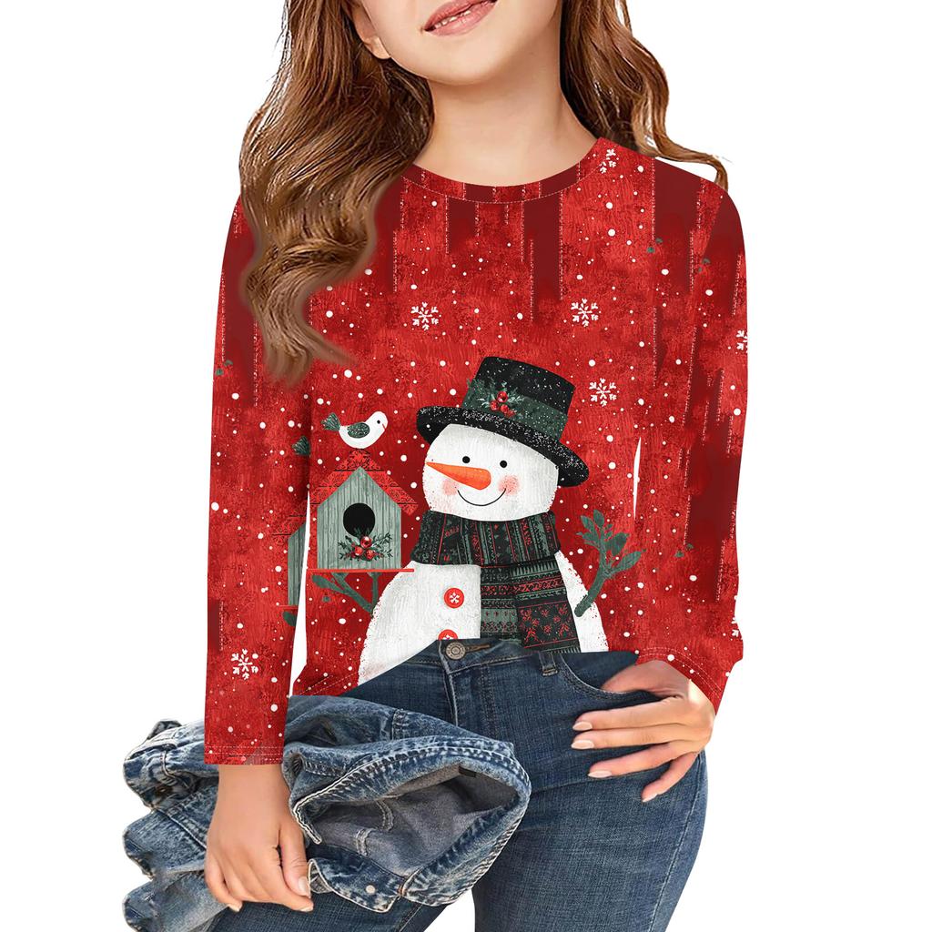 Christmas Day Girls Long Sleeve T Shirts Kids Fall Tops Crewneck Printed Basic Tees