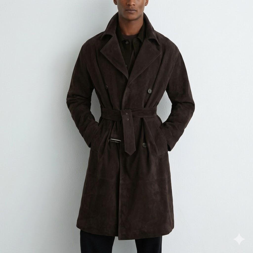 

Handmade Stylish Soft Suede Lambskin Leather Party Dark Brown Men s Trench Coat 3XL темно-коричневого кольору