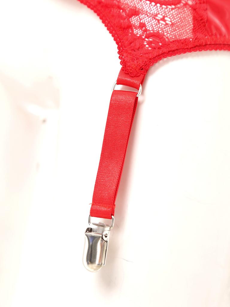 Women Flower Lace PU Leather Garter Belt with 6 Metal Clips Suspender for Thigh High Stockings Lingerie