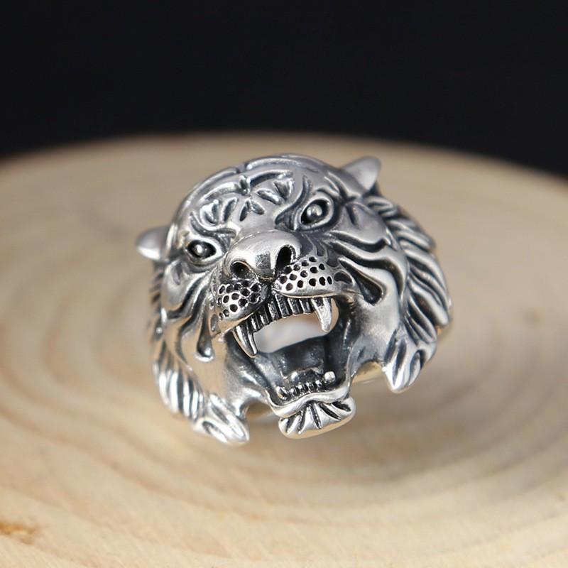 Adjustable Unisex Sterling Tiger Head Ring Punk Retro Geometric Statement Jewelry