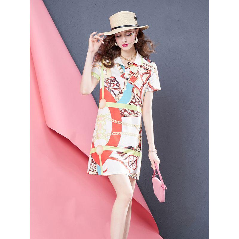 

European Goods Fashion Brand Printing Athleisure Dress Women s Short Sleeve 2025 Summer Fashionable New Women s Clothing Waist-Tight Polo Dress Color S