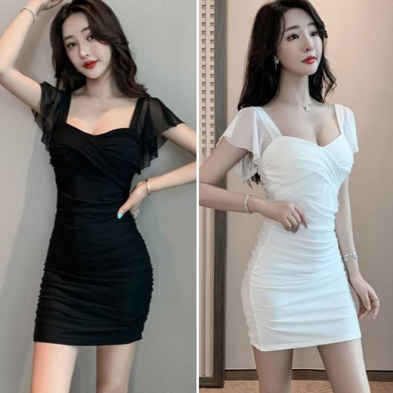 ISLAYCAOLILA E70 Luna Dress Cabaret Mini Club Party Tight Mini Flare Gathered Women's (XL, Black) - Dress, Dress, Dress, Dress, Dress, See-through,