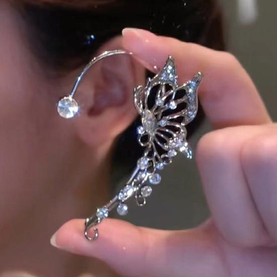 1 Pair Women Prom Ear Cuffs Non-pierced Ear Clips Butterfly Wings Rhinestone Earrings Anti-slip Lightweight