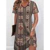 3D Retro Elements Geometric Print Summer Dress Short Sleeve V-Neck Casual Vacation Dress for Women