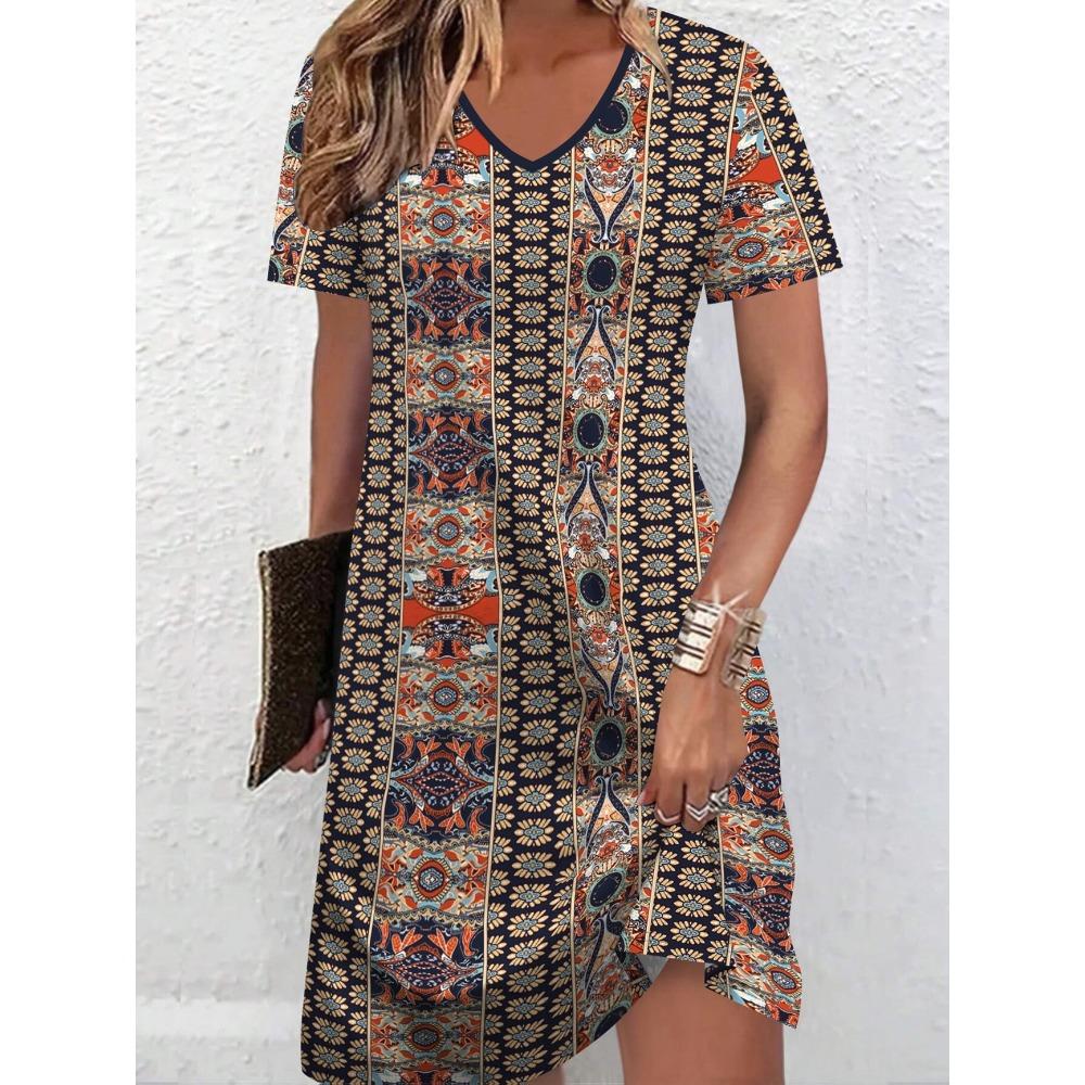 3D Retro Elements Geometric Print Summer Dress Short Sleeve V-Neck Casual Vacation Dress for Women