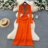 French Foreign Style Fashionable Small Fragrant Style Contrasting Colors Metal Buckle Round Neck Long Sleeve Waist Knitted Dress Women's Sweater Dress