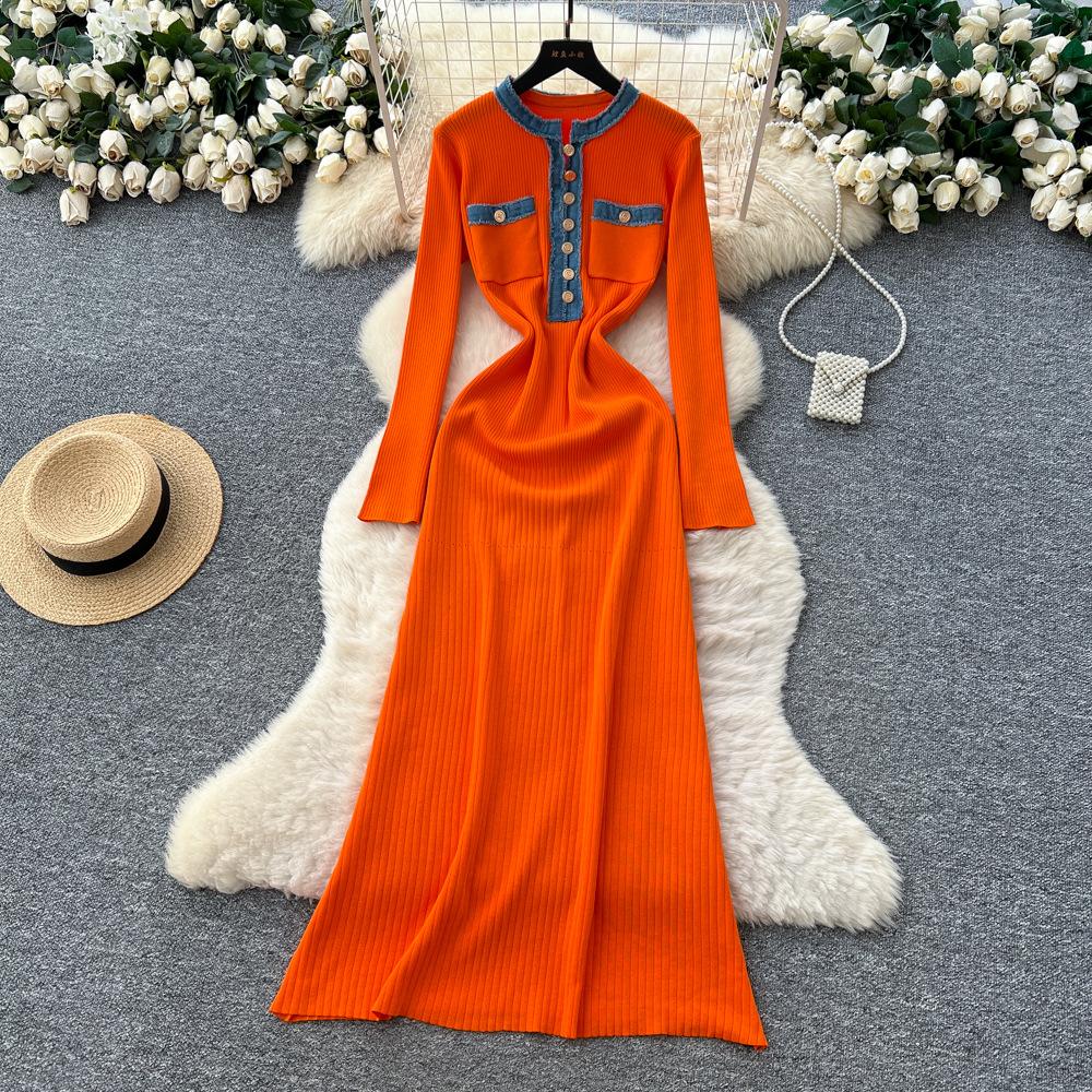 French Foreign Style Fashionable Small Fragrant Style Contrasting Colors Metal Buckle Round Neck Long Sleeve Waist Knitted Dress Women's Sweater Dress