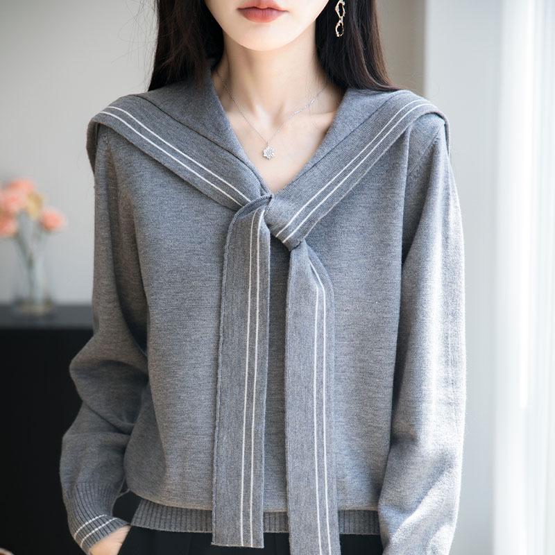 Navy Collar Knit College Style Women's Pullover Sweater - Autumn Winter, Long Sleeve, Loose Fit, Versatile.