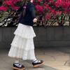Women's Spring Balletcore Sweet White Lace-Trimmed Chiffon Tiered Puffy Maxi Skirt - High-Waist Tutu Style Half Skirt