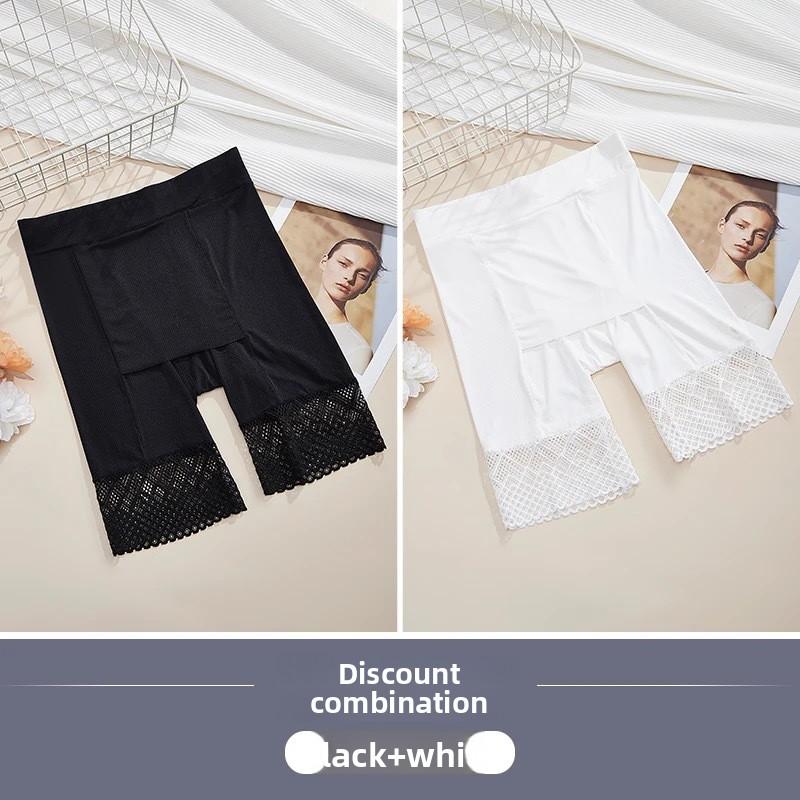 

2 Pairs Plus Size Ladies Summer Lace Anti Slip Ice Silk Traceless High Waisted Safety Leggings XXL чорний/білий