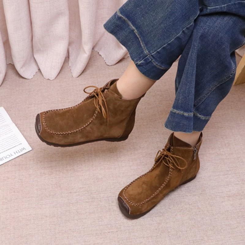 Johnature Retro Cow Suede Lace Up Short Boots Versatile Square Toe Soft Sole Comfortable Women's Ankle Boots