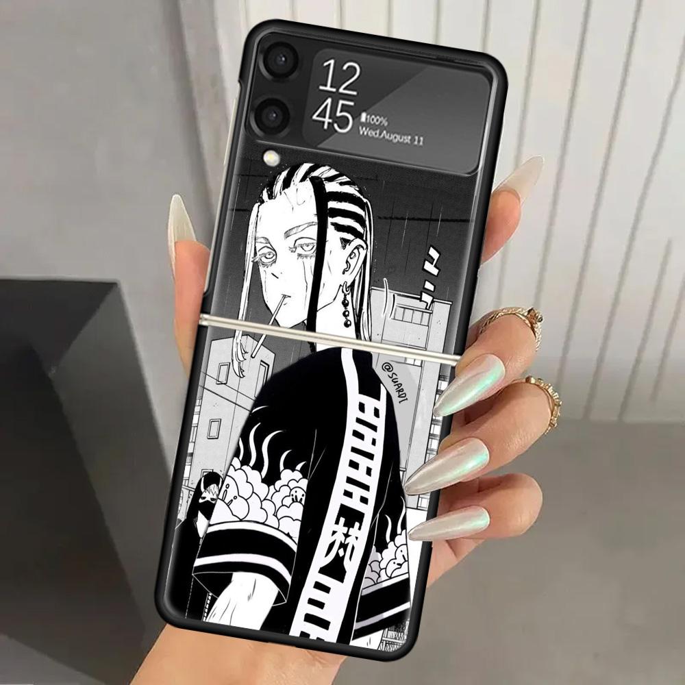 Tokyo Aevengers Black Anime Hard PC Phone Case For Samsung Galaxy Z Flip 7 6 5 4 3 Black ZFlip7 ZFlip6 Flip5 Flip4 Flip3 5G Prin
