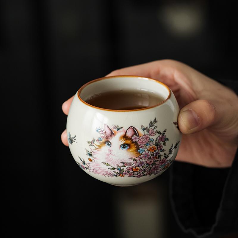 120ML Ru Kiln Persian Cat Zen Teacup Retro Master Cup Personal Cup Kungfu Tea Set Opening Can Raise Tea Ceremony