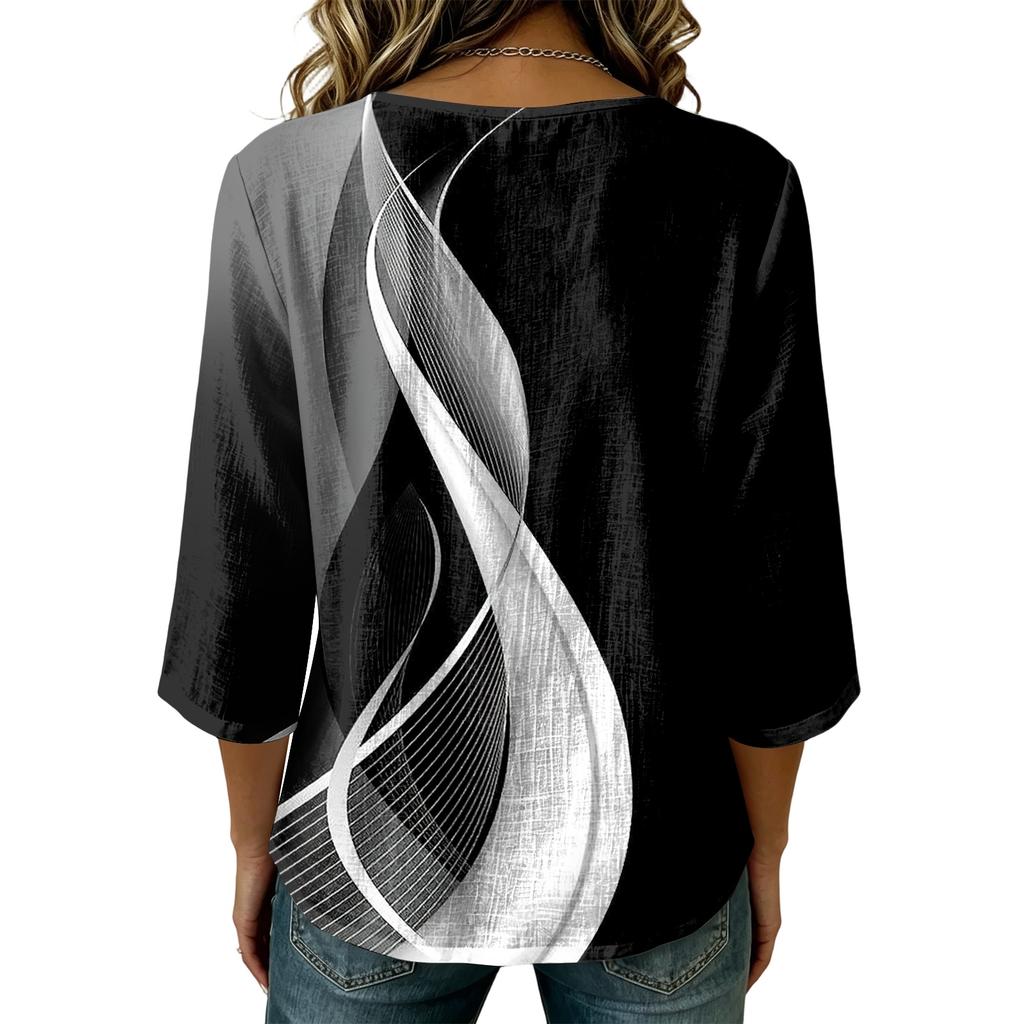 Damen Casual Blumenmuster Rundhals Dreiviertelarm Baumwolle Leinen Oberteil Leicht Atmungsaktive Bluse für den täglichen Gebrauch