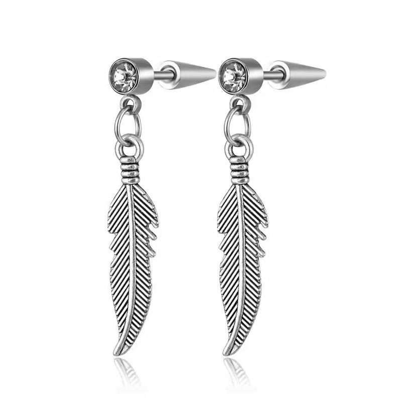 Simple Shine Feather Leaf Piercing Earrings Women Female Crystal White Blue Zircon Stud Earring Stainless Steel Earrings
