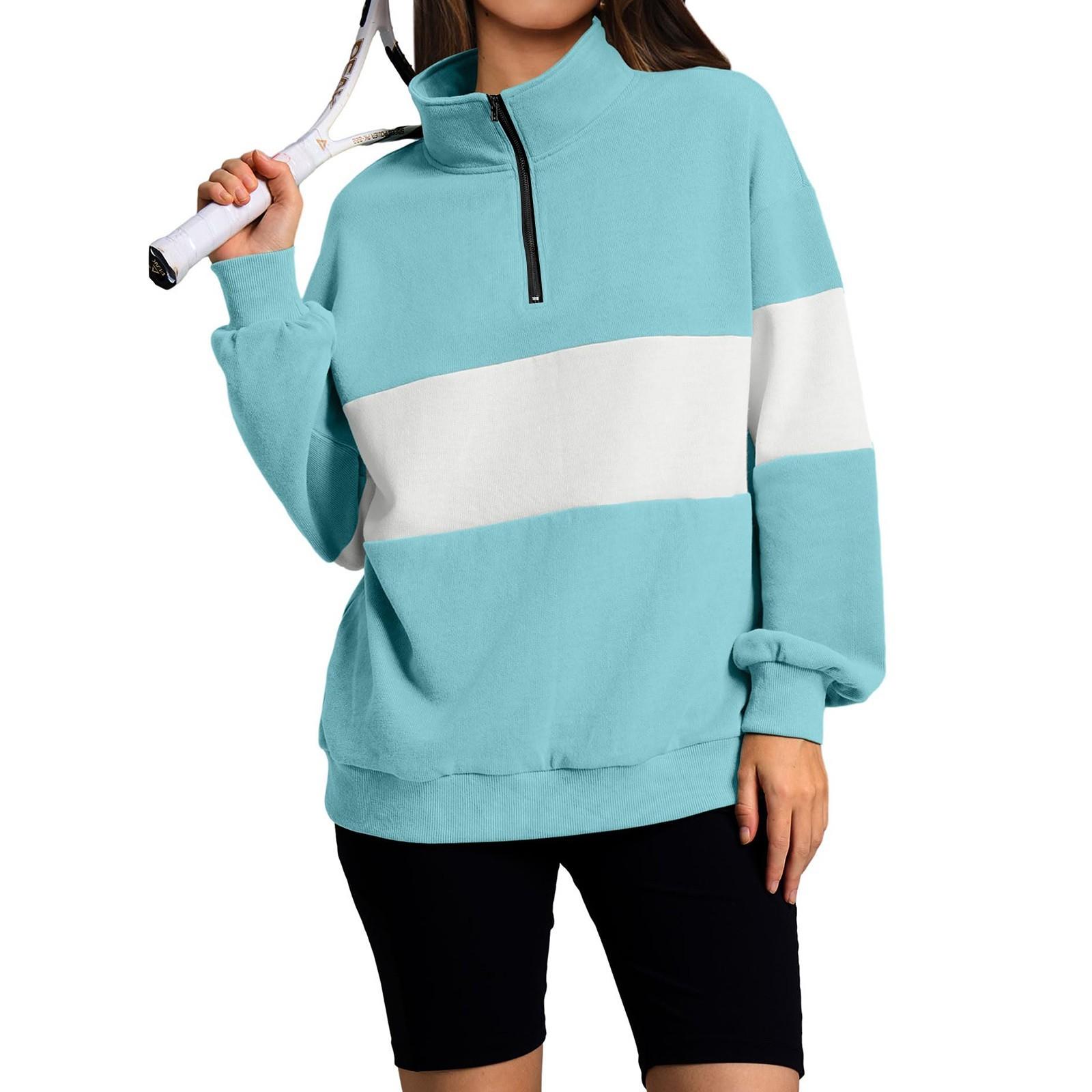 

Женская повседневная свободная толстовка с длинными рукавами и застежкой-молнией в стиле пэчворк, свободная полосатая толстовка XL небесно-голубой