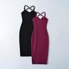 Rochie bodycon tricotată, culoare mov-lavandă, cu bretele încrucișate la gât, croială mulată