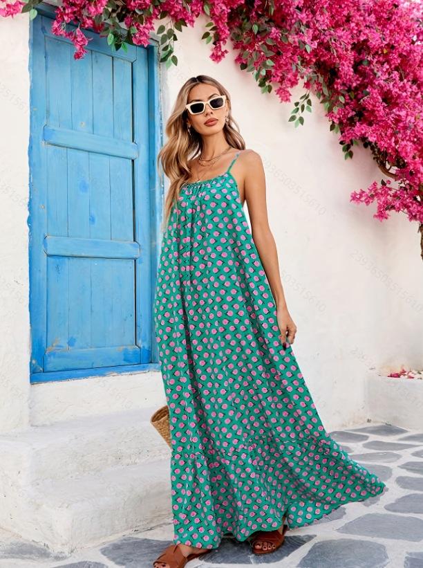 European and American new, bohemian casual print suspender women s dress S
