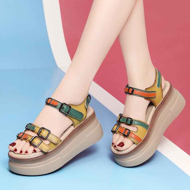 sponge cake platform leather sandals women's small new summer wedge heel light waterproof table high heels