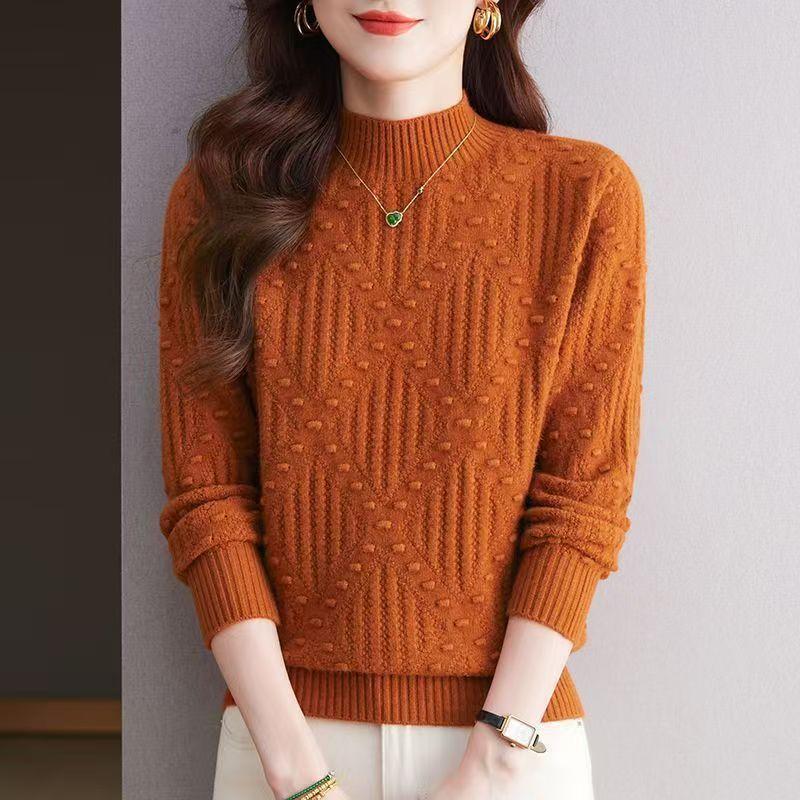 Knitted Bottoming 2025 New for Women Loose Lazy Style Rhombus Dot Solid Color Half Turtleneck All-match Sweater